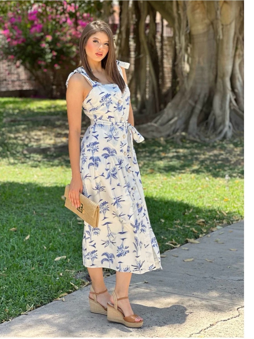 Dress Forum White & Blue Tropical Tie-Shoulder Midi Dress Sz Large